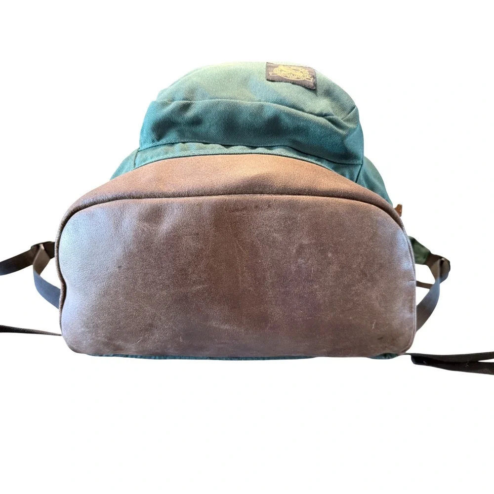 Vintage Eddie Bauer Green Nylon‎ Canvas Backpack Leather Bottom Daypack Bag